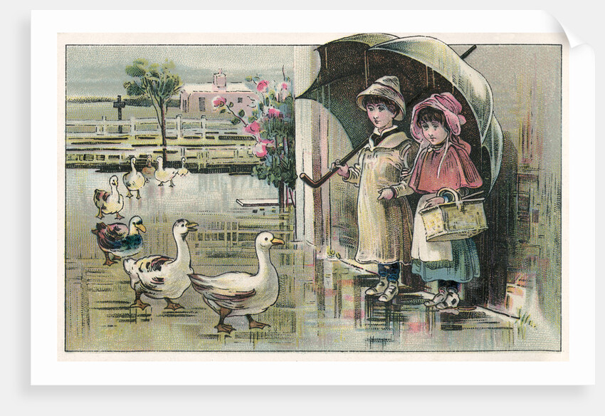 Victorian Postcard of Children Watching Ducks in the Rain by Anonymous