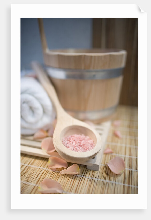 Tub, Wooden Spoon with Bath Salts, and Petals by Anonymous