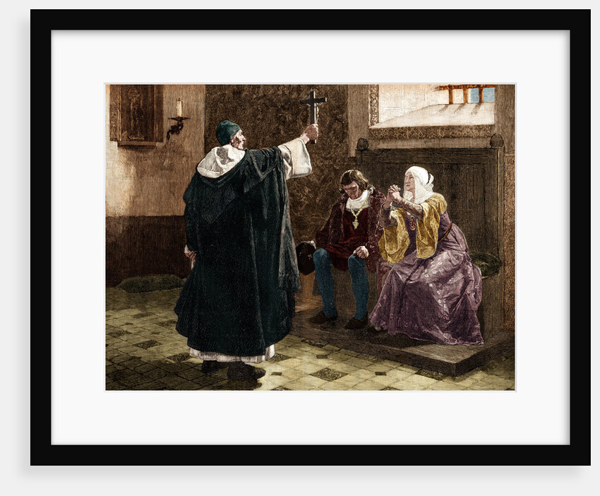 Illustration of Tomas de Torquemada with King Ferdinand II and Queen Isabella by Anonymous