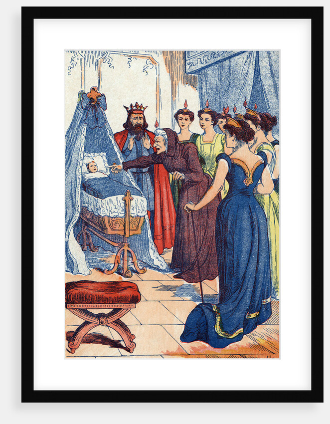 Illustration of the Wicked Fairy Casting a Spell on Sleeping Beauty by Anonymous