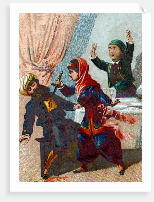 Illustration of Morgiana Stabbing the Diguised Captain of the Forty Thieves by Anonymous