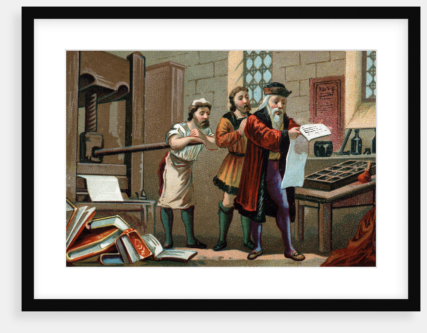 Illustration of Johannes Gutenberg Printing the First Sheet of the Bible by Anonymous