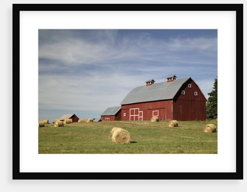 Hay Bales and Red Barn by Anonymous