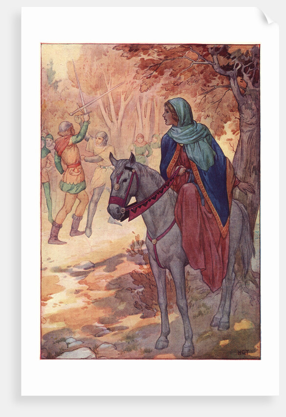 Illustration of Maid Marian Watching a Sword Fight by Harry G. Theaker