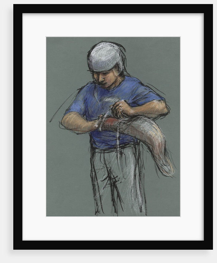 Illustration of a Jai Alai Player Putting on a Cesta by Alexandra Day