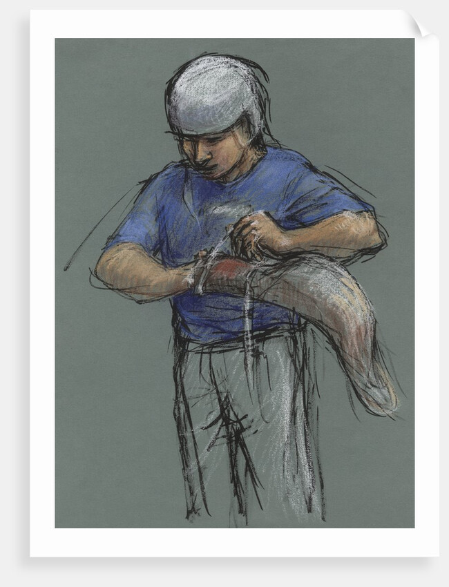 Illustration of a Jai Alai Player Putting on a Cesta by Alexandra Day
