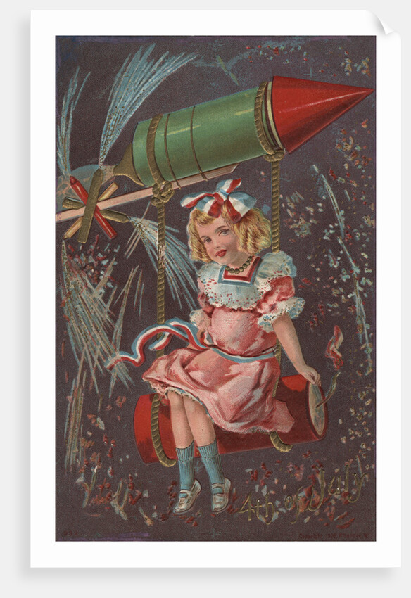 Fourth of July Postcard with a Girl and a Rocket by Anonymous