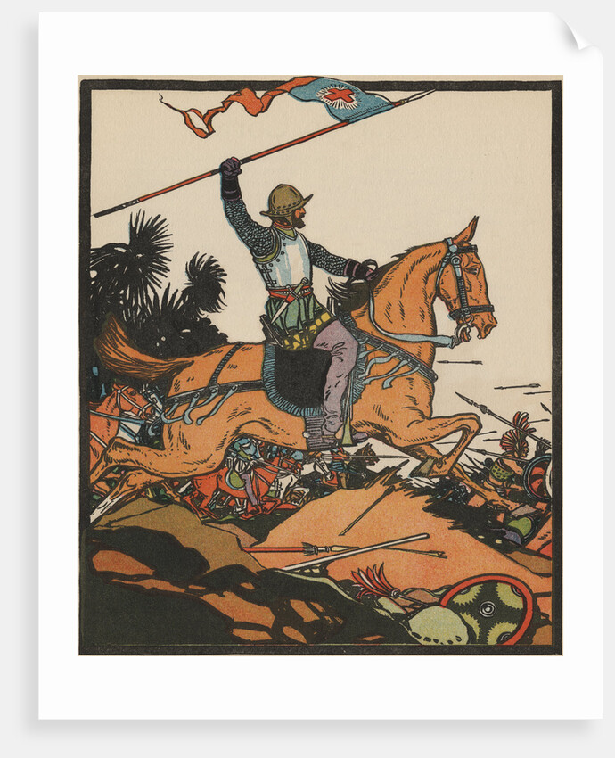 Illustration of Hernando Cortez in Battle by J.L. Kraemer