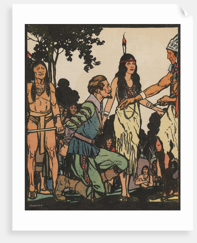 Illustration of John Smith and Pocahontas by J.L. Kraemer