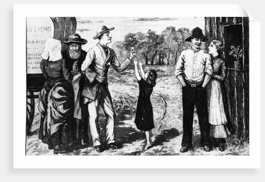 A bush hawker selling an item to a child by Anonymous