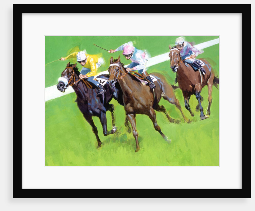 Three horses racing on a track by Anonymous