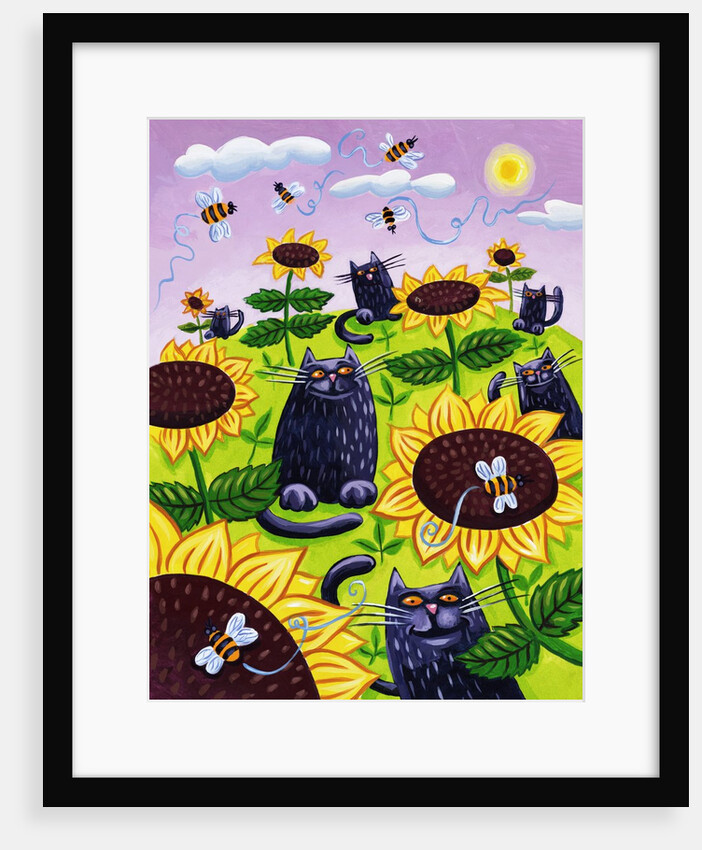 Black Cats Watching Honeybees on Sunflowers by Anonymous
