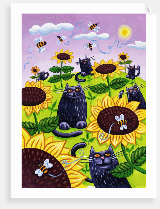 Black Cats Watching Honeybees on Sunflowers by Anonymous