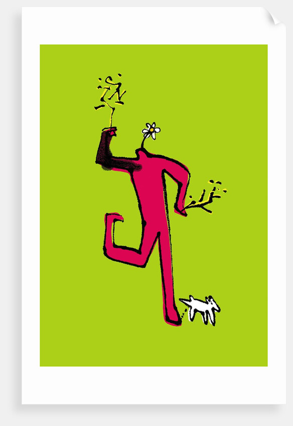 Daisy headed figure walking a dog by Anonymous