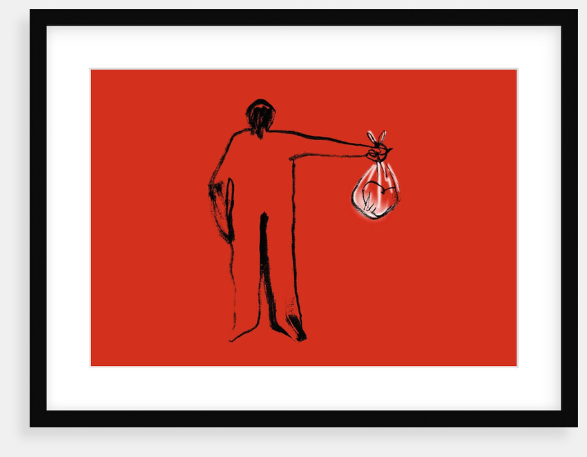 Figure holding a heart in a plastic bag by Anonymous