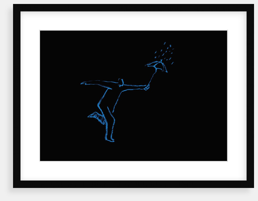 Figure running through the rain with an umbrella by Anonymous