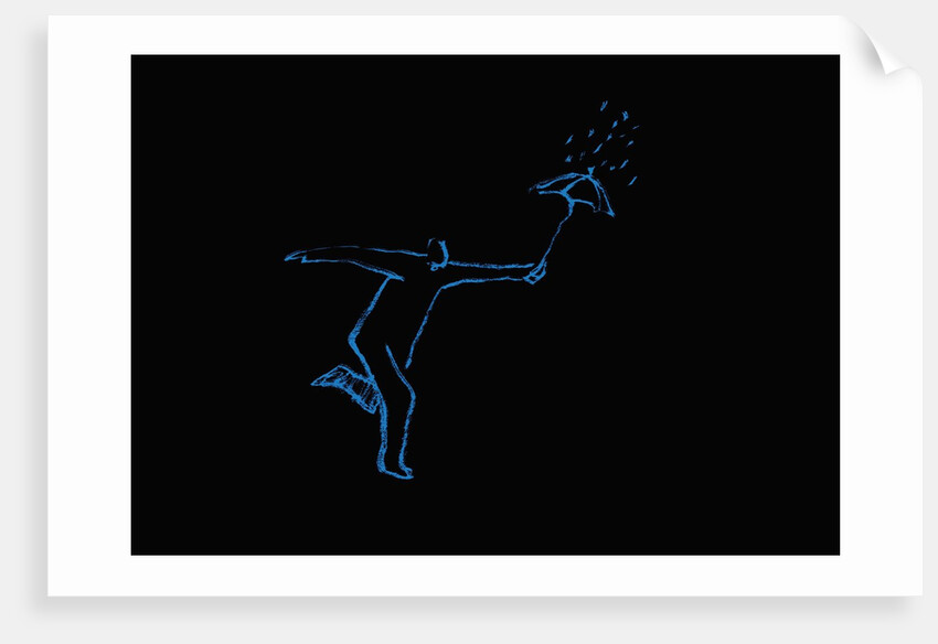 Figure running through the rain with an umbrella by Anonymous