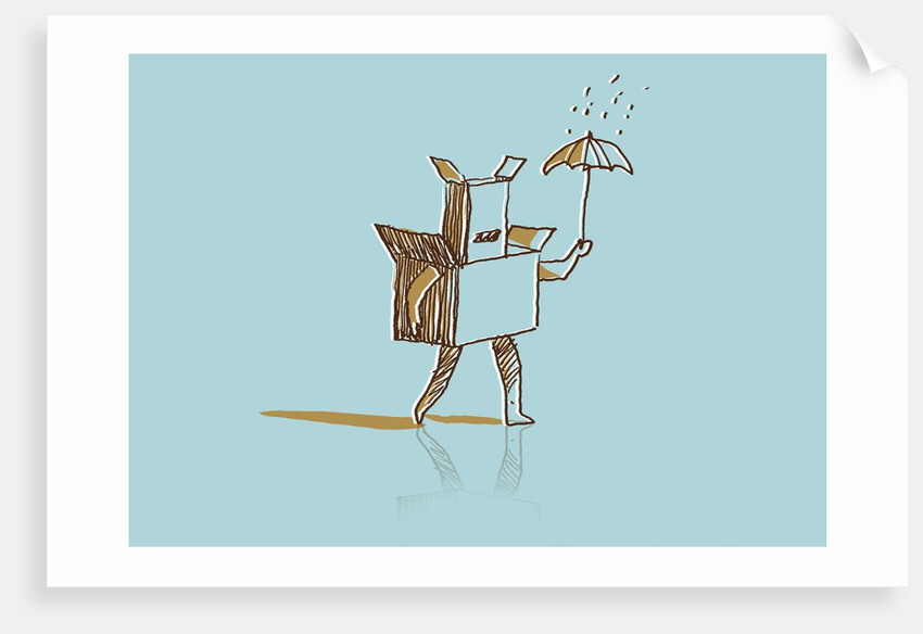 Box man walking through the rain by Anonymous