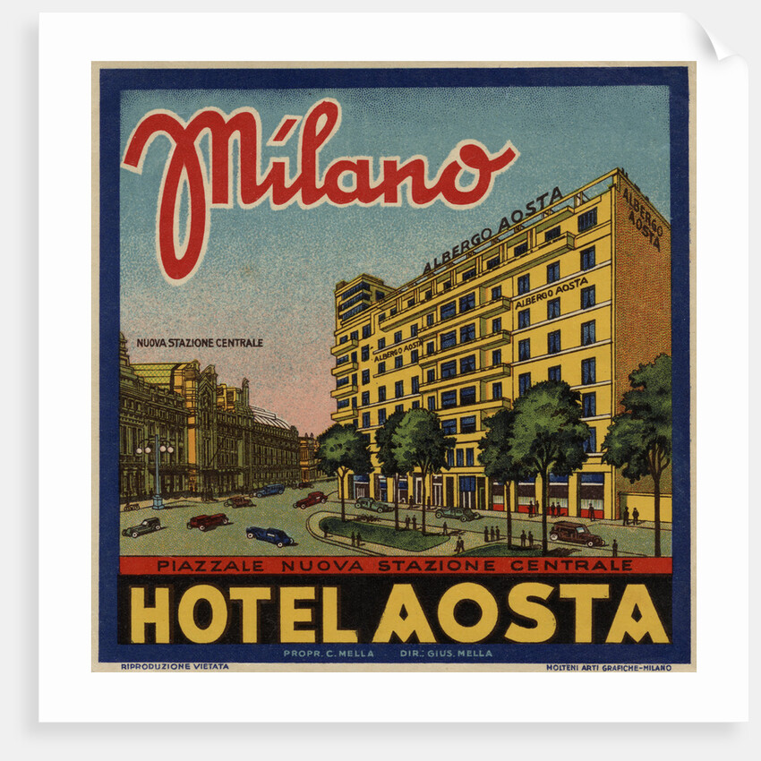Hotel Aosta Milano Luggage Label by Anonymous
