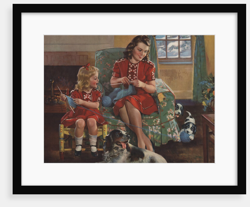 Calendar Illustration of Mother and Daughter Knitting by F. Sands Bruner