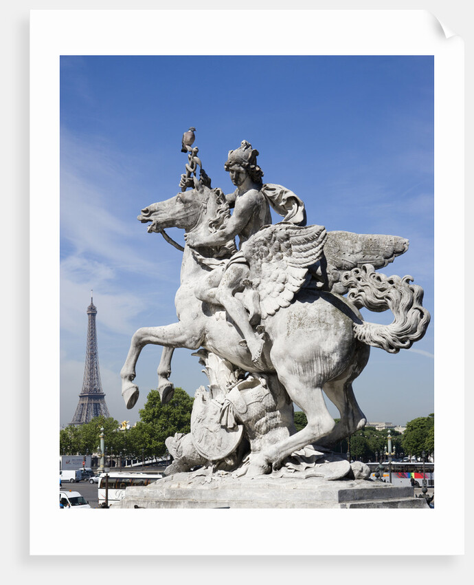 Statue of Deity Riding Winged Horse with Eiffel Tower in Background by Corbis