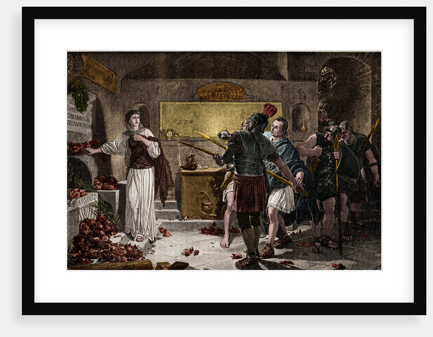 Illustration of Roman Soldiers Discovering a Christian Worshipper in Catacombs by Anonymous