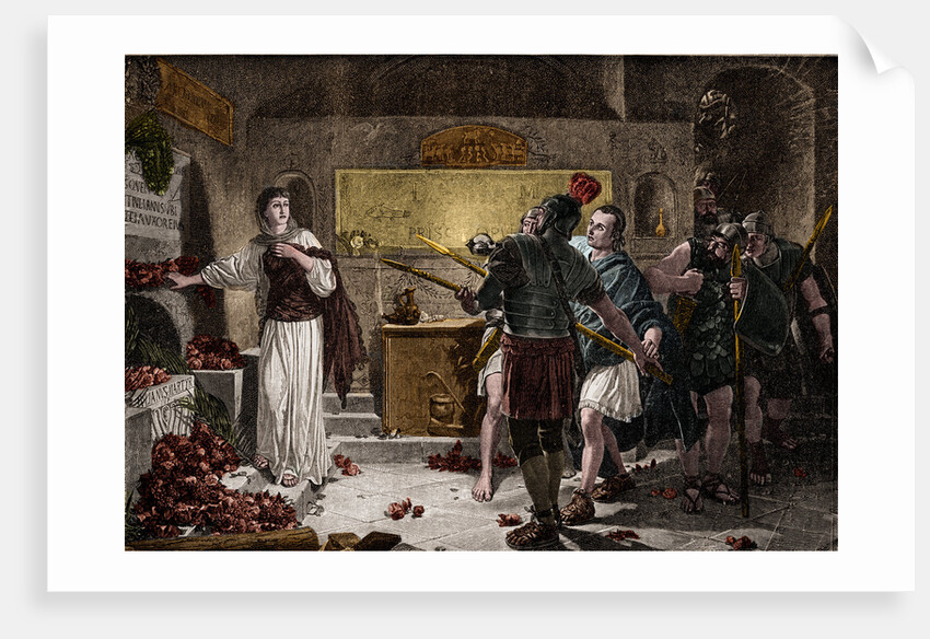 Illustration of Roman Soldiers Discovering a Christian Worshipper in Catacombs by Anonymous