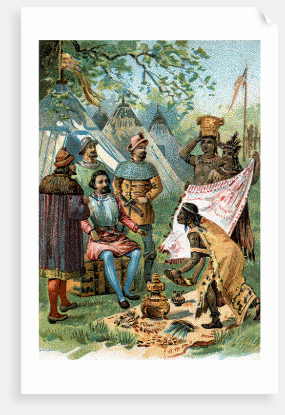 Illustration of Hernan Cortes Accepting Gifts from Montezuma by Anonymous