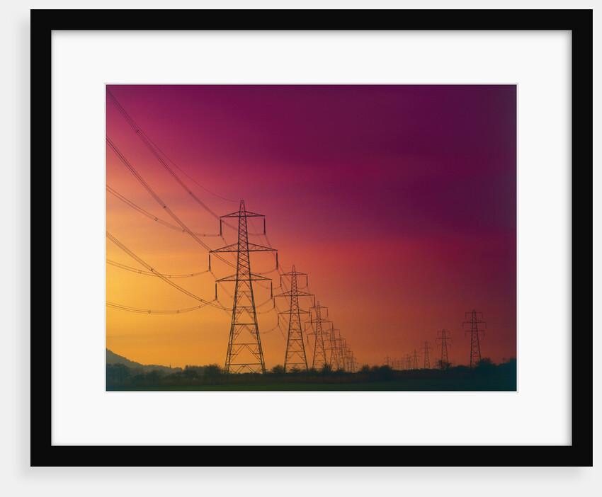 High Voltage Power Transmission Towers at Dusk by Anonymous