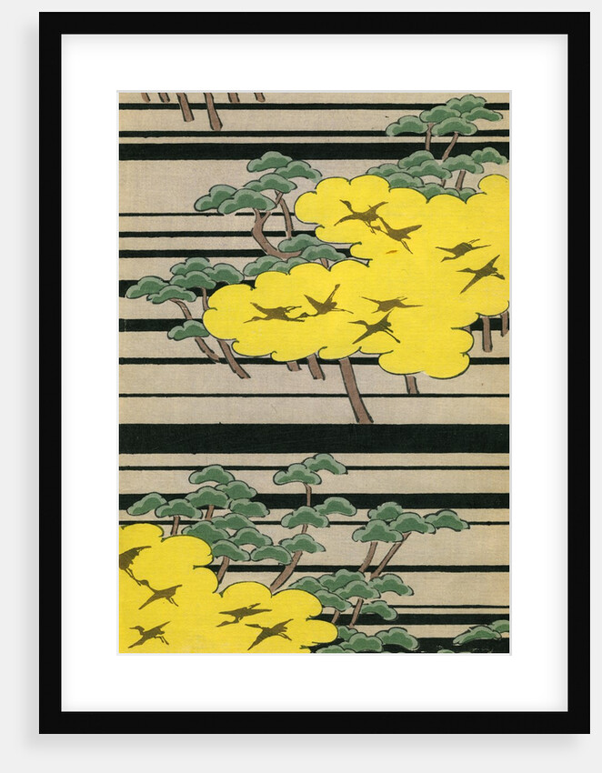 Illustration of Yellow and Green Trees with Cranes by Anonymous