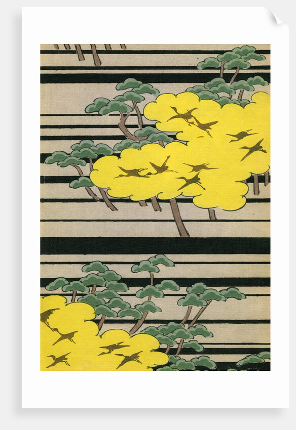 Illustration of Yellow and Green Trees with Cranes by Anonymous
