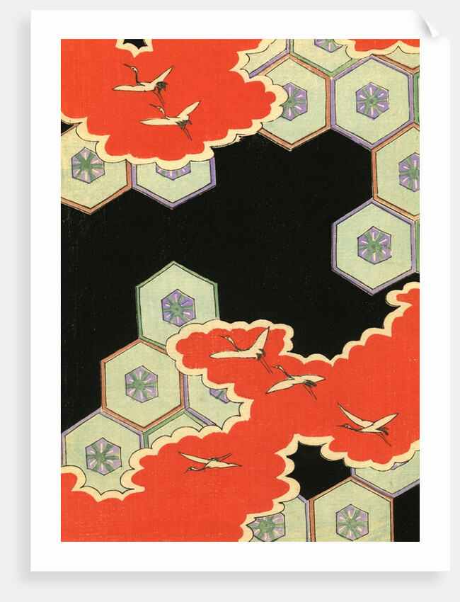 Illustration of Red Clouds with Cranes on a Black Background by Anonymous