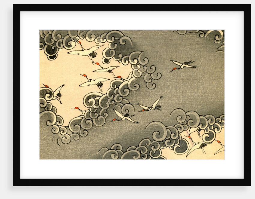 Illustration of Cranes Flying in Grey Clouds by Anonymous