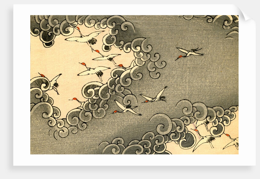 Illustration of Cranes Flying in Grey Clouds by Anonymous