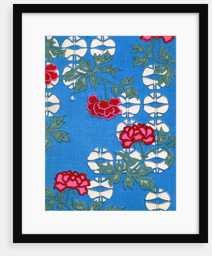 Illustration of White Lanterns and Peonies on Blue Background by Anonymous