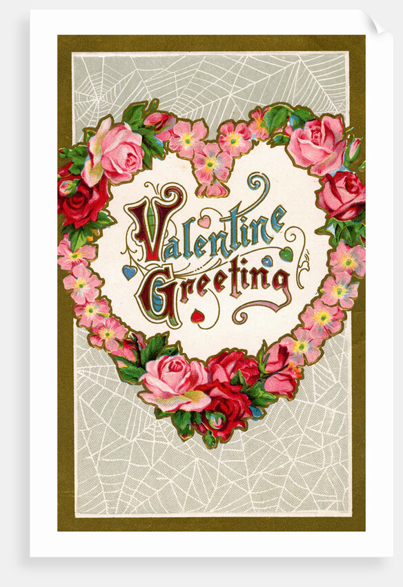 Valentine Greeting Postcard with Heart-Shaped Flower Garland by Anonymous