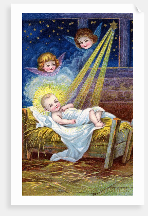 Loving Christmas Wishes Postcard with Christ Child in Manger by Anonymous