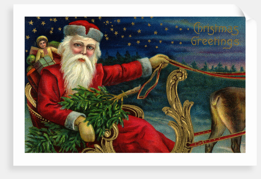 Christmas Greetings Postcard with Santa Claus Holding Reins by Anonymous