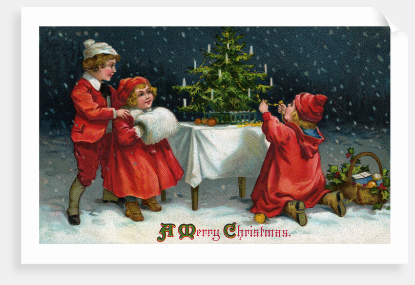 A Merry Christmas Postcard with Children Decorating Christmas Tree by Anonymous