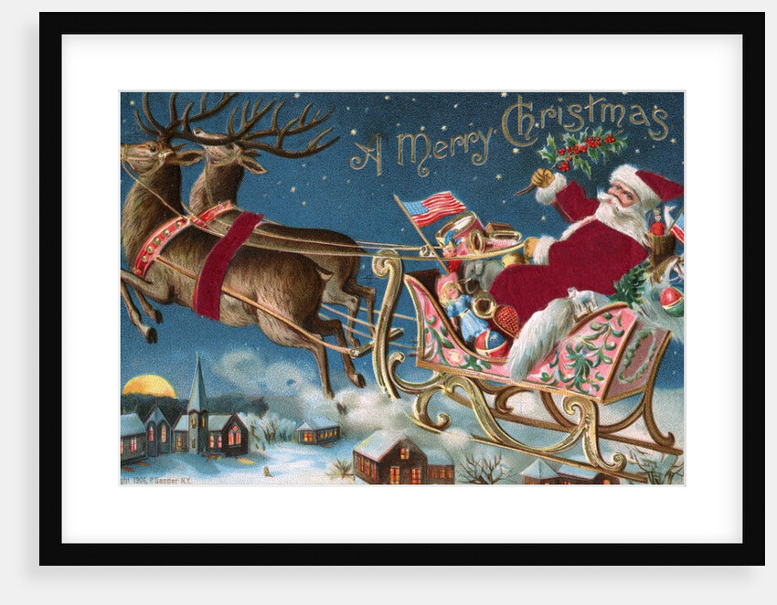 A Merry Christmas Postcard with Santa in His Sleigh by Anonymous