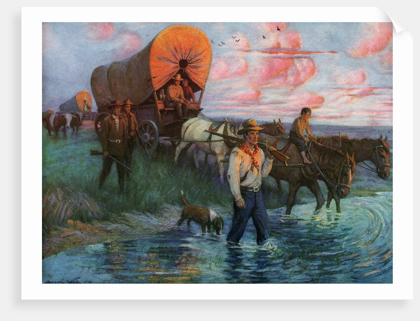 Calendar Illustration of Settlers in Covered Wagons Crossing the Plains by Frank Stick