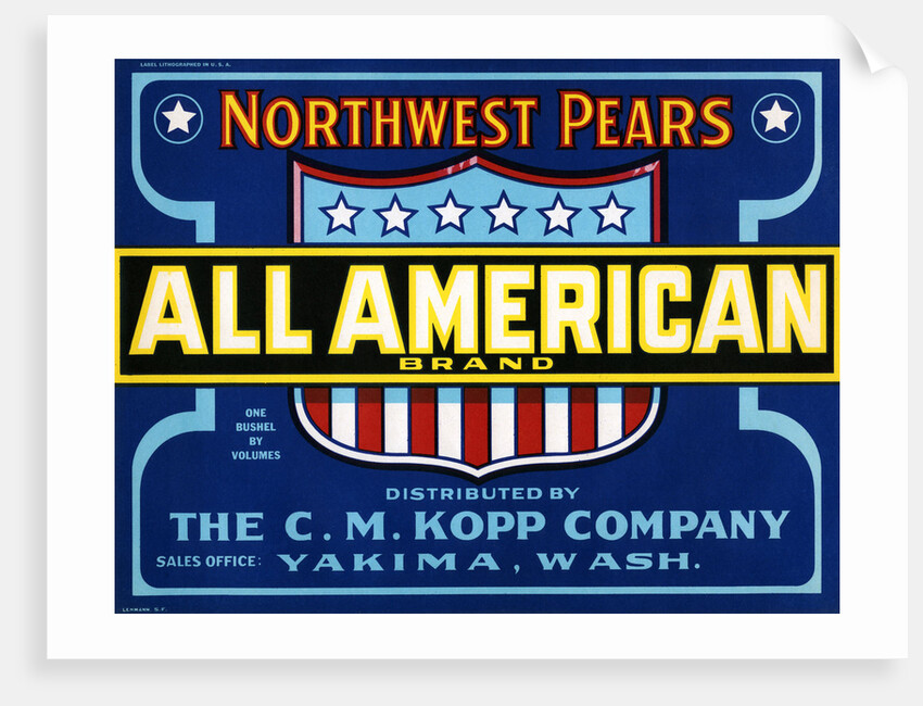 All American Brand Northwest Pears Fruit Crate Label by Anonymous