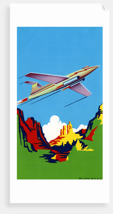 Broom Label of Fighter Jet Flying Over Canyon by Anonymous