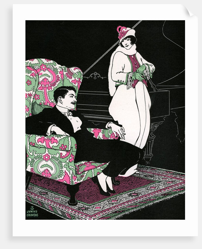 Illustration of Fashionable Woman Leaving Her Husband Sitting in an Armchair by Junius Cravens