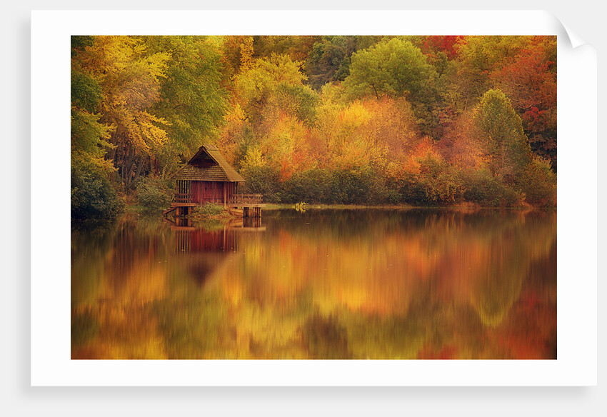 Wooden Cabin on Lake in Autumn by Anonymous