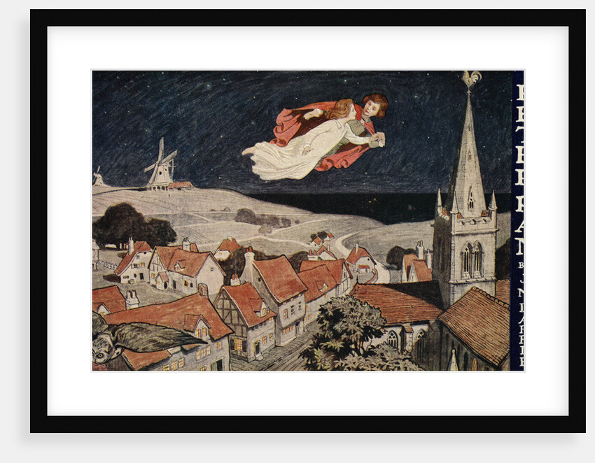 Illustration of Peter Pan and Wendy Flying Over Town by Anonymous
