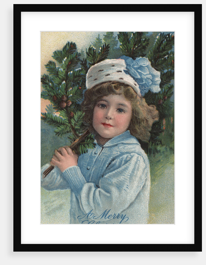 A Merry Christmas Postcard with Girl Holding Pine Bough by Anonymous