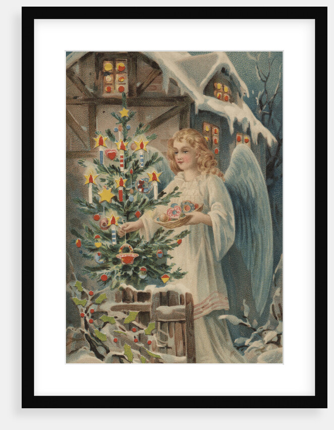 A Merry Christmas Postcard with Angel and Christmas Tree by Anonymous