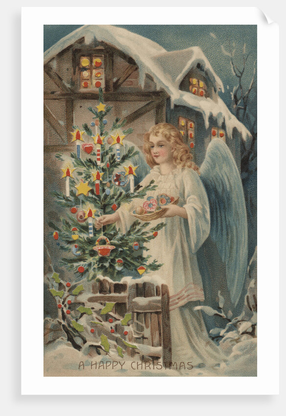 A Merry Christmas Postcard with Angel and Christmas Tree by Anonymous
