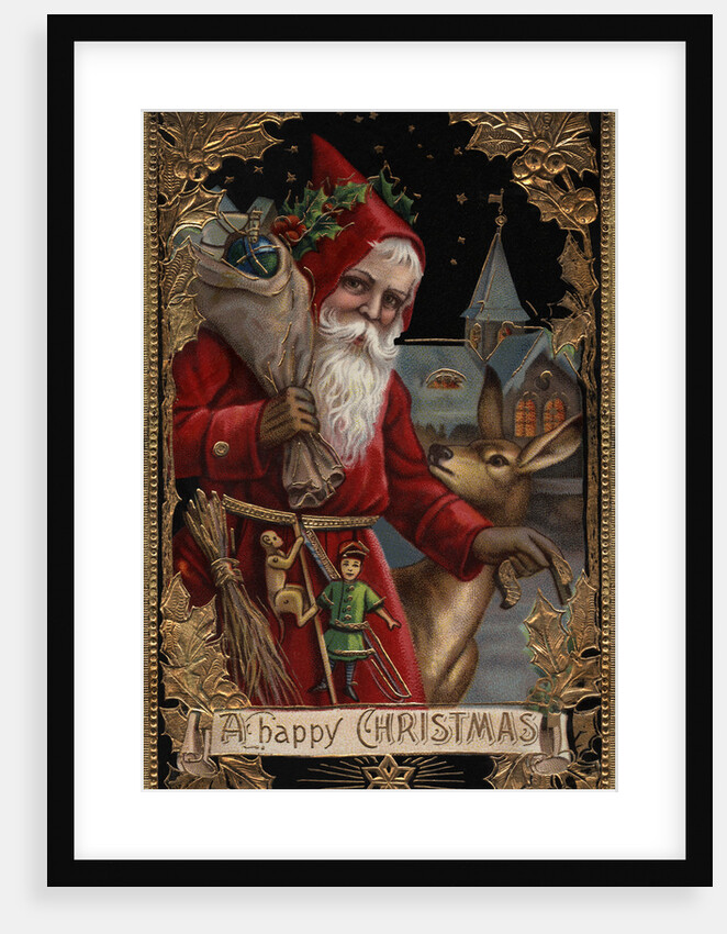A Happy Christmas Postcard with Santa and Deer by Anonymous